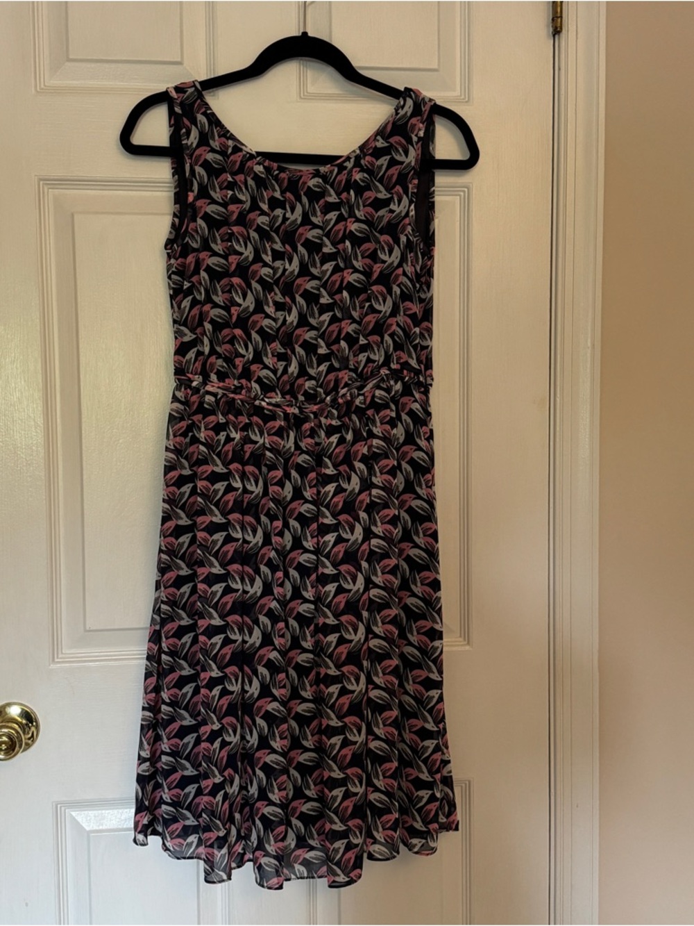 Boden Black Midi Dress with Pink and Cream Leaf Print